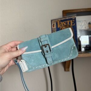 Coach Y2K light blue suede wristlet wallet